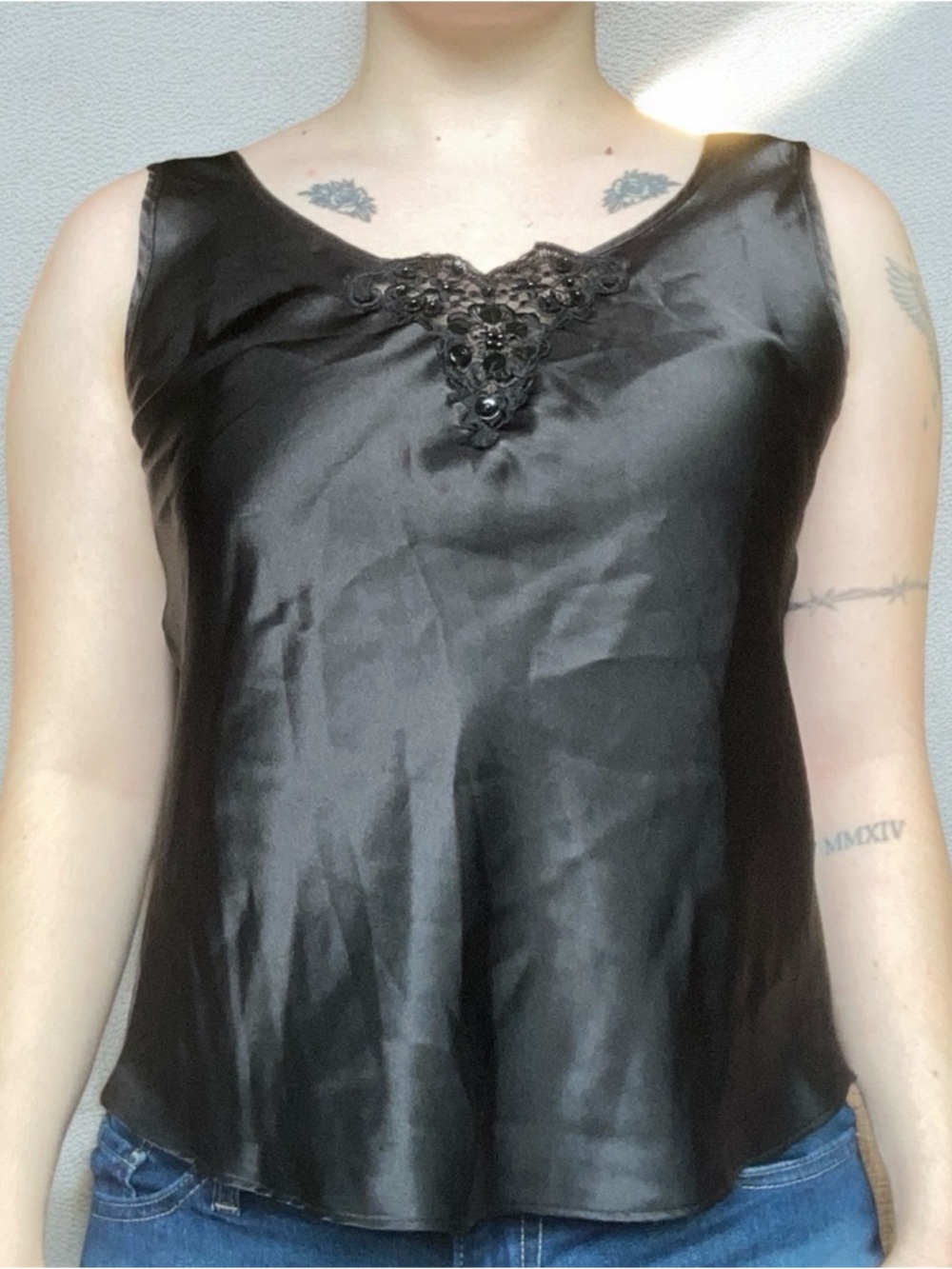 Satin Lace-Trim Sleeveless Camisole in Black Cinema Etoile